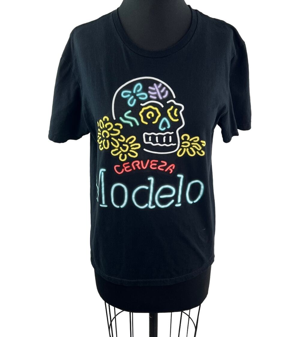MODELO Cerveza Black Top Cotton Neon Skull Floral Graphic Crew Tee Size Medium M